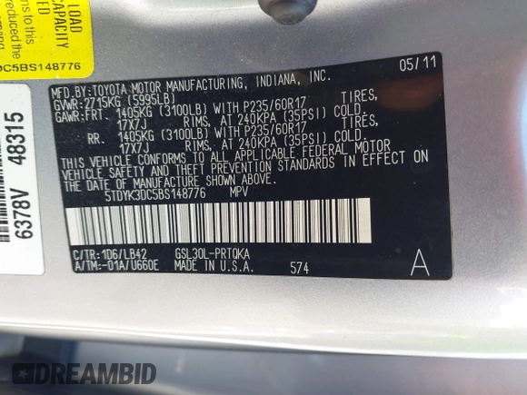 2011 Toyota Sienna XLE AAS with VIN 5TDYK3DC5BS148776, listed as a IAAI auction lot 41525078 with 177,154 mi miles and . Bid and sale history available at DreamBid. Image 9.
