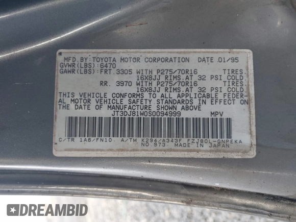 1995 Toyota Land Cruiser z VIN JT3DJ81W0S0094999, wystawiony jako IAAI lot #41583748 z przebiegiem 93 454 mil mil oraz . Historia ofert i sprzedaży dostępna na DreamBid. Obrazek 9.