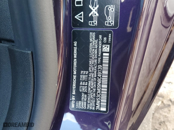 2022 BMW 2 Series M240i xDrive with VIN 3MW53CM09N8C49139, listed as a Copart auction lot 87320934 with 26,753 mi miles and Salvage Title. Bid and sale history available at carsss.com. Image 14.