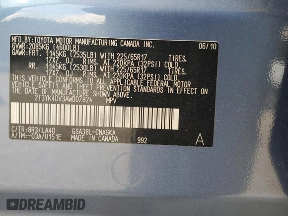 2010 Toyota RAV4 Limited with VIN 2T3YK4DV3AW007824, listed as a Copart auction lot 59276785 with 211,626 mi miles and Salvage title. Bid and sale history available at DreamBid. Image 12.