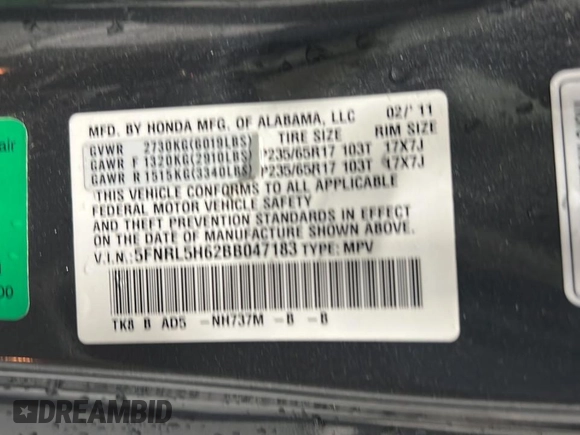 2011 Honda Odyssey EX-L with VIN 5FNRL5H62BB047183, listed as a Copart auction lot 56378645 with 125,446 mi miles and Clean Title. Bid and sale history available at DreamBid. Image 10.