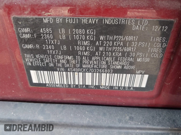 2013 Subaru Outback Limited with VIN 4S4BRCKC7D3266803, listed as a IAAI auction lot 42473324 with 176,441 mi miles and . Bid and sale history available at DreamBid. Image 9.