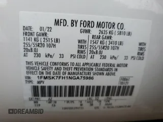 2022 Ford Explorer Limited z VIN 1FMSK7FH1NGA75986, wystawiony jako Copart lot #51302405 z przebiegiem 68 684 mil mil oraz Szkoda całkowita • Salvage title. Historia ofert i sprzedaży dostępna na DreamBid. Obrazek 15.