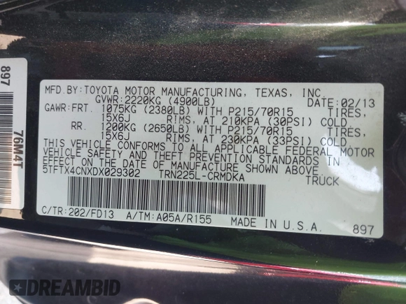 2013 Toyota Tacoma with VIN 5TFTX4CNXDX029302, listed as a IAAI auction lot 42636315 with 181,785 mi miles and . Bid and sale history available at DreamBid. Image 9.