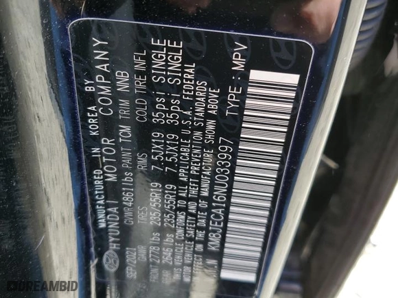 2022 Hyundai Tucson Hybrid Limited with VIN KM8JECA16NU033997, listed as a Copart auction lot 48139835 with 0 mi miles and Salvage Title. Bid and sale history available at carsss.com. Image 13.