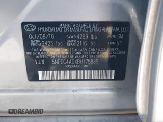 2011 Hyundai Sonata Limited z VIN 5NPEC4ACXBH175889, wystawiony jako IAAI lot #42387391 z przebiegiem 227 660 mil mil oraz . Historia ofert i sprzedaży dostępna na DreamBid. Obrazek 9.