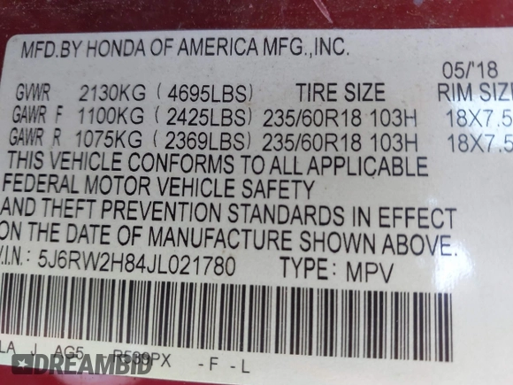 2018 Honda CR-V EX-L with VIN 5J6RW2H84JL021780, listed as a IAAI auction lot 41652489 with 39,217 mi miles. Bid and sale history available at carsss.com. Image 9.