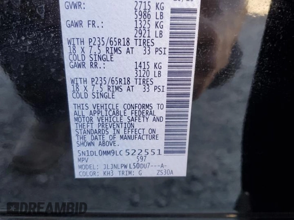 2020 Infiniti QX60 Luxe with VIN 5N1DL0MM9LC522551, listed as a Copart auction lot 53838605 with 52,977 mi miles and Salvage Title. Bid and sale history available at DreamBid. Image 13.