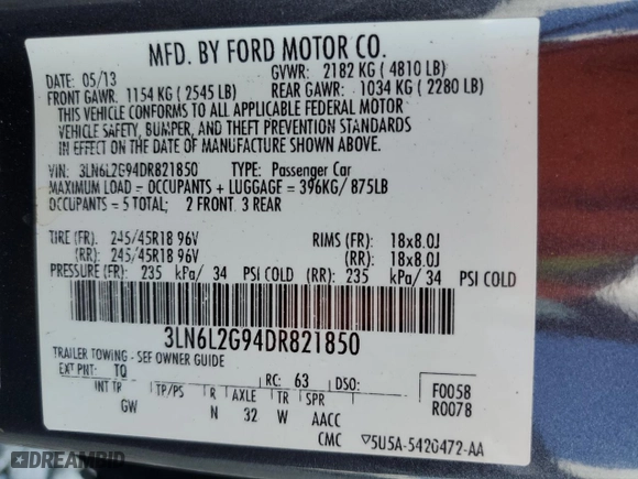 2013 Lincoln MKZ with VIN 3LN6L2G94DR821850, listed as a Copart auction lot 52570275 with 165,135 mi miles and Non Repairable. Bid and sale history available at carsss.com. Image 12.