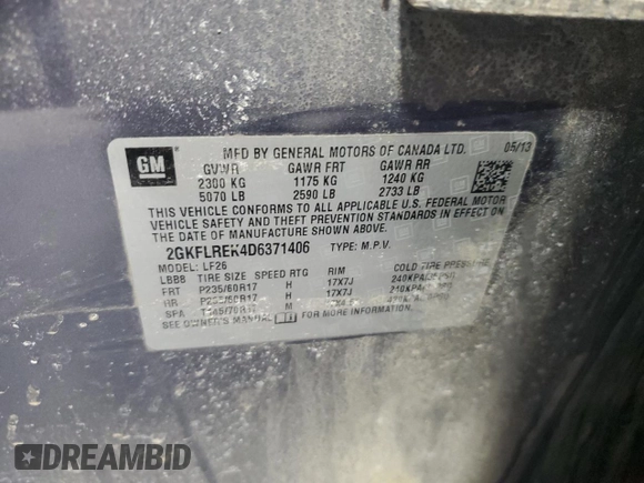 2013 GMC Terrain SLE with VIN 2GKFLREK4D6371406, listed as a Copart auction lot 48737645 with 94,127 mi miles and Salvage Title. Bid and sale history available at carsss.com. Image 13.