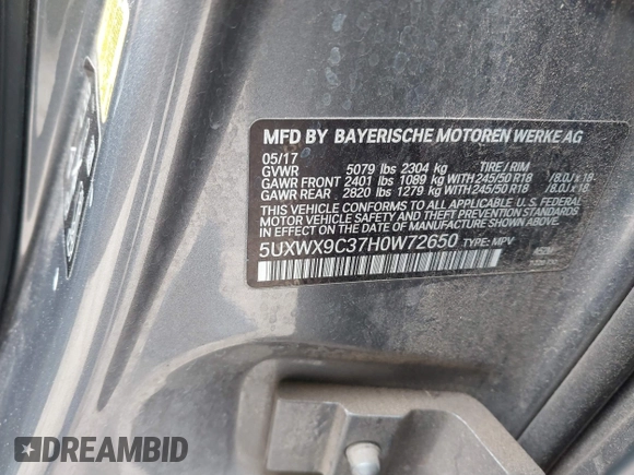 2017 BMW X3 xDrive28i with VIN 5UXWX9C37H0W72650, listed as a IAAI auction lot 41577793 with 116,361 mi miles and . Bid and sale history available at DreamBid. Image 9.