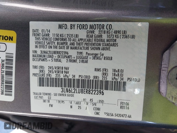 2014 Lincoln MKZ Hybrid с VIN 3LN6L2LU8ER822396, выставлен на аукционе IAAI как лот 42094086 с пробегом 166 203 миль миль и . История ставок и продаж доступна на DreamBid. Изображение 9.
