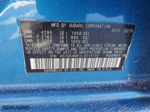 2020 Subaru Impreza Sport with VIN 4S3GKAM61L3614152, listed as a Copart auction lot 46059815 with 51,780 mi miles and Salvage Title. Bid and sale history available at carsss.com. Image 14.