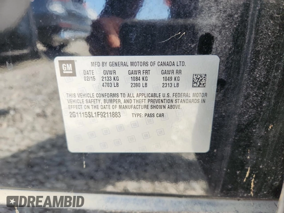 2015 Chevrolet Impala LT with VIN 2G1115SL1F9211883, listed as a Copart auction lot 65294035 with 167,969 mi miles and Salvage title. Bid and sale history available at DreamBid. Image 12.