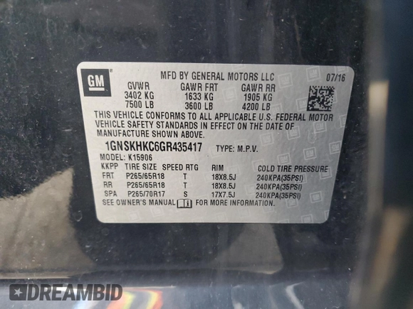 2016 Chevrolet Suburban LT with VIN 1GNSKHKC6GR435417, listed as a Copart auction lot 71228803 with 175,309 mi miles and . Bid and sale history available at DreamBid. Image 13.