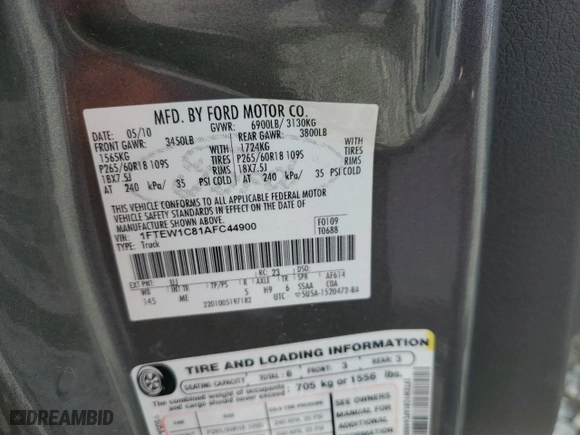2010 Ford F-150 XL with VIN 1FTEW1C81AFC44900, listed as a Copart auction lot 49167945 with 186,035 mi miles and Salvage Title. Bid and sale history available at carsss.com. Image 13.