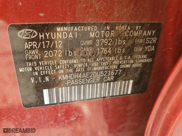 2013 Hyundai Elantra GLS PZEV with VIN KMHDH4AE2DU521677, listed as a Copart auction lot 70890244 with 122,987 mi miles and Salvage Title. Bid and sale history available at carsss.com. Image 12.