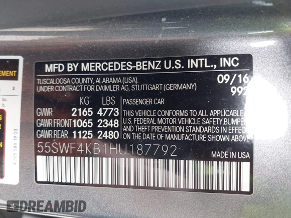 2017 Mercedes-Benz C 300 with VIN 55SWF4KB1HU187792, listed as a IAAI auction lot 42399361 with 78,602 mi miles and . Bid and sale history available at DreamBid. Image 9.