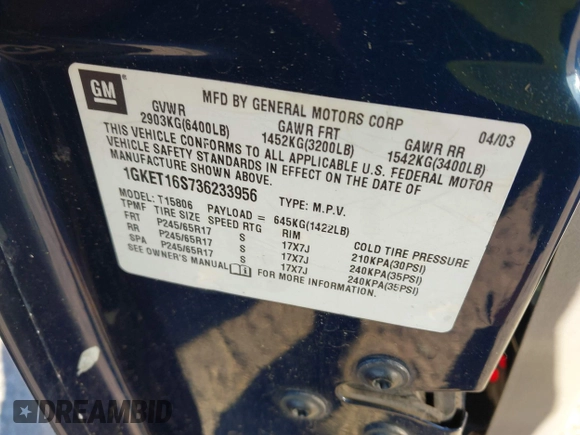 2003 GMC Envoy SLT z VIN 1GKET16S736233956, wystawiony jako IAAI lot #41844351 z przebiegiem 244 942 mil mil oraz . Historia ofert i sprzedaży dostępna na DreamBid. Obrazek 9.