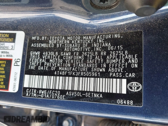 2015 Toyota Camry XLE with VIN 4T4BF1FK3FR505961, listed as a IAAI auction lot 41042038 with Not Provided miles and . Bid and sale history available at carsss.com. Image 9.