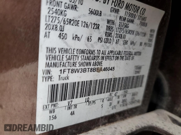 2011 Ford F-350 XL with VIN 1FT8W3BT8BEA46045, listed as a Copart auction lot 85193514 with 220,843 mi miles and Salvage Title. Bid and sale history available at DreamBid. Image 14.