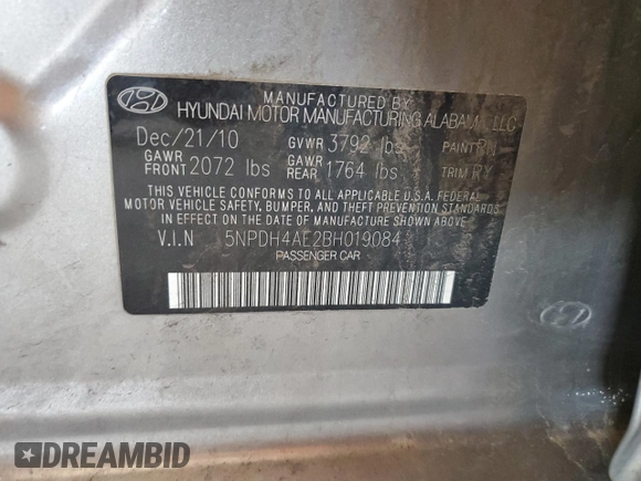 2011 Hyundai Elantra GLS with VIN 5NPDH4AE2BH019084, listed as a Copart auction lot 54944995 with 240,202 mi miles and Clean Title. Bid and sale history available at carsss.com. Image 12.