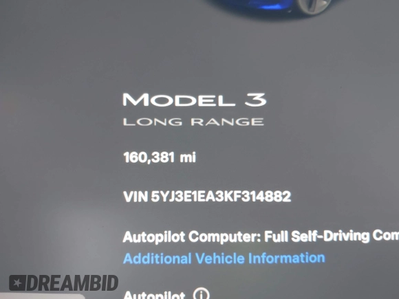 2019 Tesla Model 3 Mid Range z VIN 5YJ3E1EA3KF314882, wystawiony jako IAAI lot #42009874 z przebiegiem 160 381 mil mil oraz . Historia ofert i sprzedaży dostępna na DreamBid. Obrazek 15.