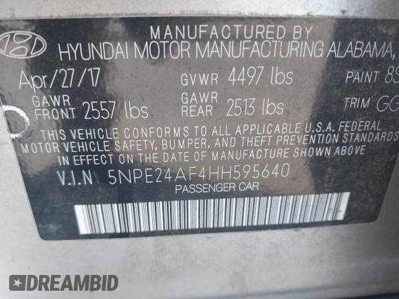 2017 Hyundai Sonata 2.4L with VIN 5NPE24AF4HH595640, listed as a IAAI auction lot 42189171 with 122,192 mi miles and . Bid and sale history available at DreamBid. Image 9.