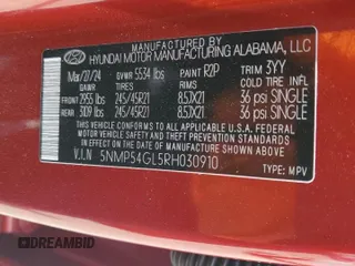 2024 Hyundai Santa Fe Calligraphy z VIN 5NMP54GL5RH030910, wystawiony jako Copart lot #61055274 z przebiegiem 1 098 mil mil oraz Szkoda całkowita • Salvage title. Historia ofert i sprzedaży dostępna na DreamBid. Obrazek 13.