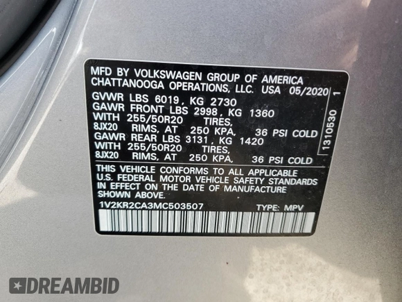 2021 Volkswagen Atlas 3.6L V6 SE w/Technology with VIN 1V2KR2CA3MC503507, listed as a Copart auction lot 48479045 with 121,870 mi miles and Non Repairable. Bid and sale history available at carsss.com. Image 13.
