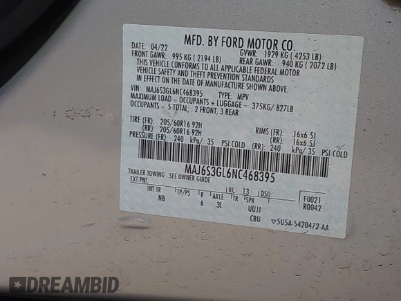 2022 Ford EcoSport SE z VIN MAJ6S3GL6NC468395, wystawiony jako IAAI lot #41804001 z przebiegiem 18 695 mil mil oraz . Historia ofert i sprzedaży dostępna na DreamBid. Obrazek 9.
