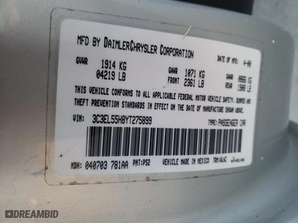 2000 Chrysler Sebring JXi with VIN 3C3EL55H8YT275899, listed as a Copart auction lot 42927915 with 244,760 mi miles and Salvage Title. Bid and sale history available at carsss.com. Image 12.