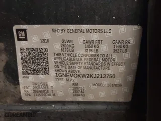 2019 Chevrolet Traverse LT Cloth with VIN 1GNEVGKW2KJ213750, listed as a IAAI auction lot 41214664 with 166,233 mi miles. Bid and sale history available at carsss.com. Image 9.