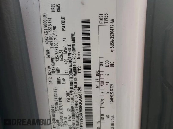 2019 Ford Transit with VIN 1FTYR3XM0KKA68129, listed as a Copart auction lot 89016935 with 82,082 mi miles and Salvage title. Bid and sale history available at DreamBid. Image 13.