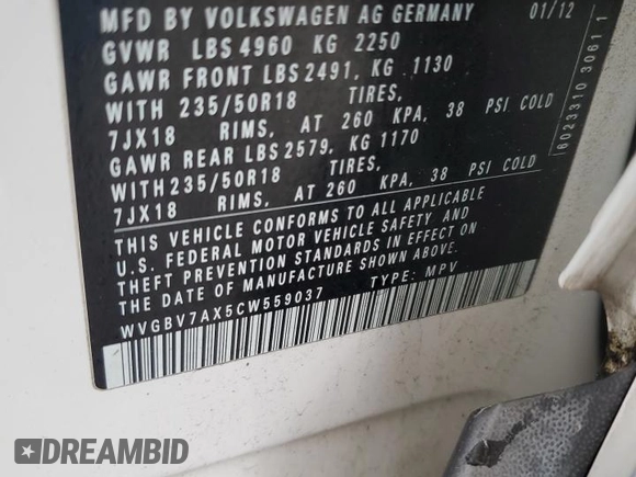2012 Volkswagen Tiguan S with VIN WVGBV7AX5CW559037, listed as a Copart auction lot 51073435 with 56,620 mi miles and Salvage Title. Bid and sale history available at DreamBid. Image 13.
