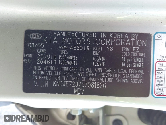 2005 Kia Sportage LX with VIN KNDJE723757081826, listed as a IAAI auction lot 41775450 with 106,992 mi miles and . Bid and sale history available at carsss.com. Image 9.