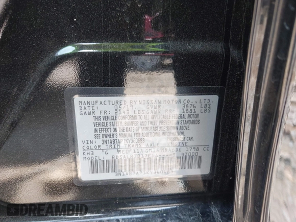 2019 Nissan Sentra S with VIN 3N1AB7AP1KY360683, listed as a IAAI auction lot 41876053 with 91,016 mi miles. Bid and sale history available at carsss.com. Image 9.
