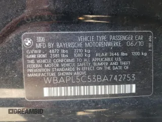 2011 BMW 3 Series 335i xDrive with VIN WBAPL5C53BA742753, listed as a Copart auction lot 61596655 with Not provided miles and Salvage title. Bid and sale history available at DreamBid. Image 12.