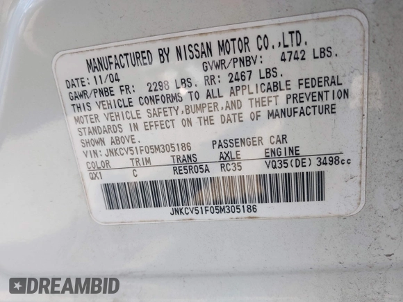 2005 Infiniti G35 with VIN JNKCV51F05M305186, listed as a IAAI auction lot 42231602 with Not Provided miles and . Bid and sale history available at DreamBid. Image 9.