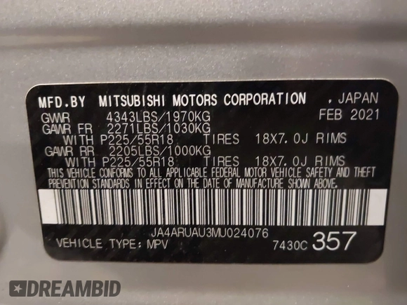 2021 Mitsubishi Outlander ES с VIN JA4ARUAU3MU024076, выставлен на аукционе IAAI как лот 41835769 с пробегом 44 109 миль миль и . История ставок и продаж доступна на DreamBid. Изображение 9.