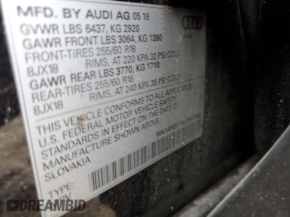 2018 Audi Q7 with VIN WA1AHBF78JD047861, listed as a Copart auction lot 37344014 with 50,318 mi miles and . Bid and sale history available at DreamBid. Image 13.