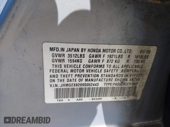 2009 Honda Fit with VIN JHMGE88209S052443, listed as a IAAI auction lot 42406572 with 140,343 mi miles and . Bid and sale history available at DreamBid. Image 9.