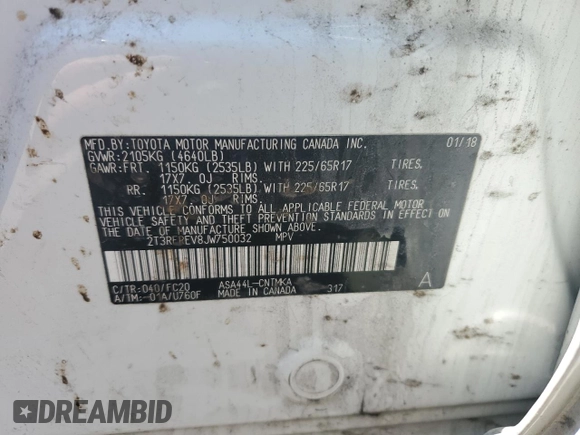 2018 Toyota RAV4 XLE with VIN 2T3RFREV8JW750032, listed as a Copart auction lot 53676475 with Not Provided miles and Salvage Title. Bid and sale history available at DreamBid. Image 13.