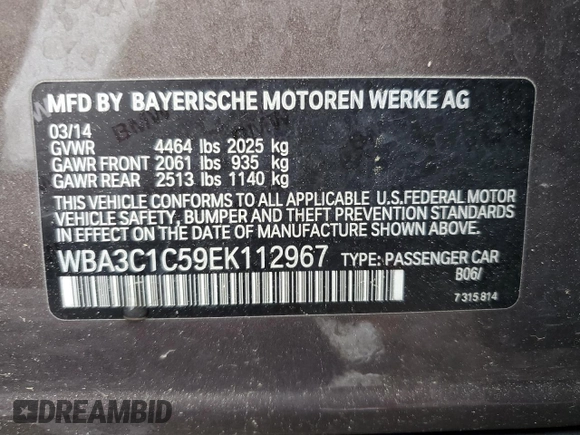 2014 BMW 3 Series 328i with VIN WBA3C1C59EK112967, listed as a Copart auction lot 61473605 with 151,905 mi miles and Clean title. Bid and sale history available at DreamBid. Image 12.
