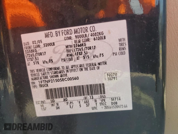 2005 Ford F-250 XL with VIN 1FTNF21505EC00560, listed as a Copart auction lot 44237475 with 78,109 mi miles and Clean Title. Bid and sale history available at DreamBid. Image 13.