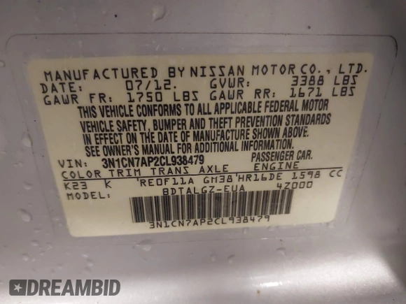 2012 Nissan Versa SV with VIN 3N1CN7AP2CL938479, listed as a IAAI auction lot 41918877 with 150,000 mi miles and . Bid and sale history available at DreamBid. Image 9.