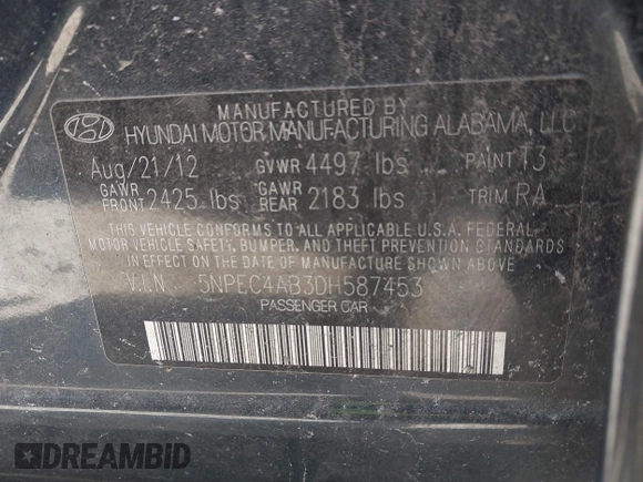 2013 Hyundai Sonata Limited with VIN 5NPEC4AB3DH587453, listed as a IAAI auction lot 41810797 with 145,387 mi miles and . Bid and sale history available at carsss.com. Image 9.