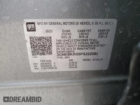 2023 Chevrolet Blazer RS with VIN 3GNKBKRS9PS222081, listed as a Copart auction lot 48617805 with 52,079 mi miles and Salvage title. Bid and sale history available at DreamBid. Image 16.