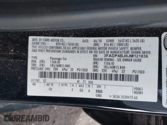 2018 Ford Fiesta SE with VIN 3FADP4BJ0JM121836, listed as a IAAI auction lot 41575608 with 74,010 mi miles. Bid and sale history available at carsss.com. Image 9.