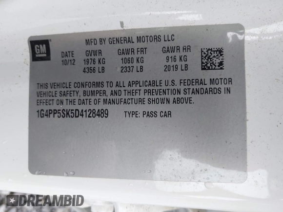 2013 Buick Verano with VIN 1G4PP5SK5D4128489, listed as a IAAI auction lot 42459386 with 108,623 mi miles and . Bid and sale history available at DreamBid. Image 9.